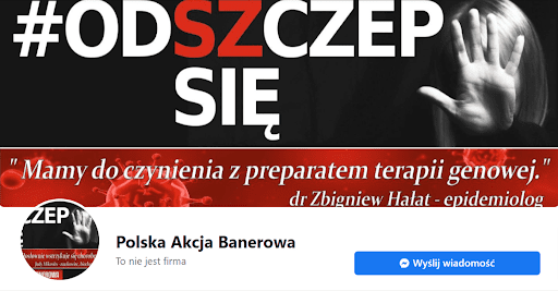 Zrzut ekranu profilu Polska Akcja Banerowa. Zdjęcie w tle zamieszczone na Facebooku przedstawia baner z cytatem Zbigniewa Hałata, w którym podano, że szczepionki to terapia genowa.