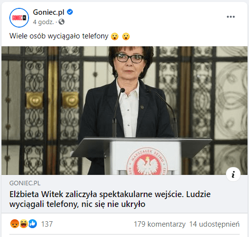Zrzut posta z Facebooka. Zilustrowane jest ono zdjęciem marszałek Sejmu, Elżbiety Witek: dojrzałej kobiety w okularach ubranej w białą bluzkę i ciemny żakiet. Marszałek stoi przed mównicą.