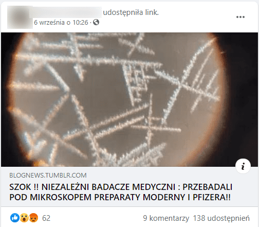Zrzut ekranu posta na facebooku. Link do wpisu zobrazowany jest zdjęciem mikroskopowym na którym widać strukturę z poszarpanych linii, podobną do szronu.