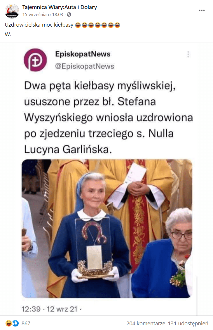 Zdjęcie pod wpisem na Facebooku. Przedstawia rzekomy wpis Konferencji Episkopatu Polski (KEP), w którym zamieszczono zdjęcie relikwiarza z "kiełbasą". Na wpis zareagowało ponad 860 osób, a 131 udostępniło go.