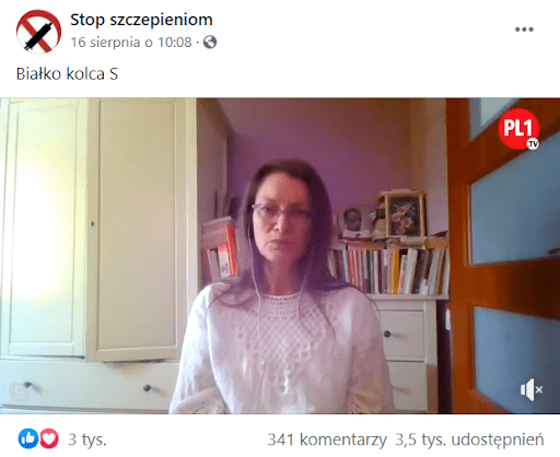 Zrzut ekranu przedstawiający wpis na profilu Stop szczepieniom z dołączonym nagraniem z udziałem Katarzyny Ratkowskiej. W kadrze widzimy Katarzynę Ratkowską w pokoju, z którego przeprowadza internetową rozmowę. W sekcji komentarzy pojawiło się 341 komentarzy.