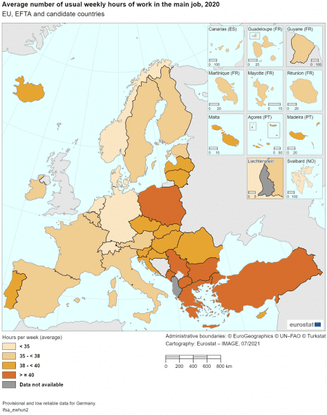 Mapa z podziałem państw na średnią liczbę przepracowanych godzin w tygodniu. Polska znalazła się w przedziale, gdzie od poniedziałku do piątku pracuje się ponad 40 godzin. Oprócz Polski w tej samej kategorii znalazly się również Turcja, Grecja, Bułgaria, Macedonia Północna, Serbia i Czarnogóra 