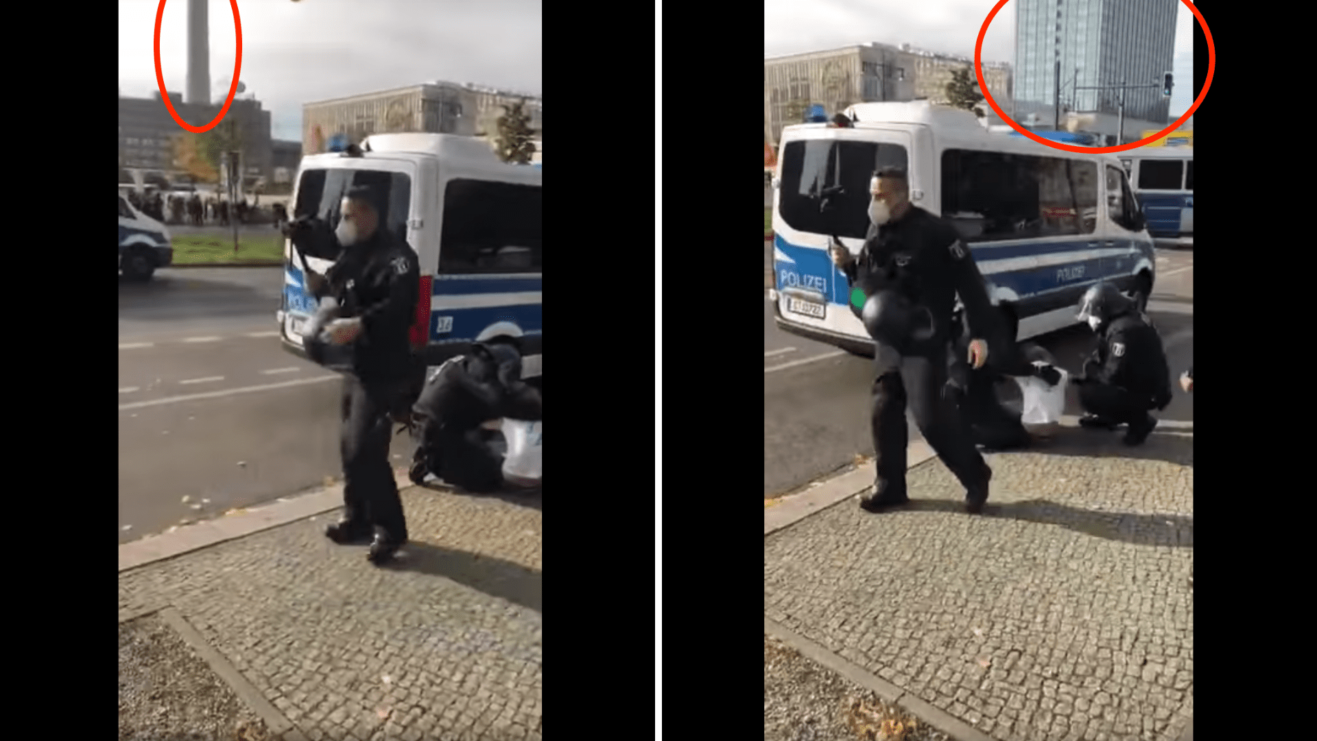 Dwie fotografie, na których widzimy interweniujących policjantów, a w ich tle zaznaczono fragment Berlińskiej Wieży Telewizyjnej oraz fragment budynku hotelu Park Inn by Radisson Berlin Alexanderplatz