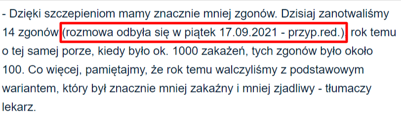 Zrzut ekranu artykułu z serwisu WP abcZdrowie, w którym znalazł się zapis „rozmowa odbyła się w piątek 17.09.2021” w przypisie redakcyjnym dołączonym do wypowiedzi Bartosza Fiałka na temat wpływu szczepień na skalę zgonów.