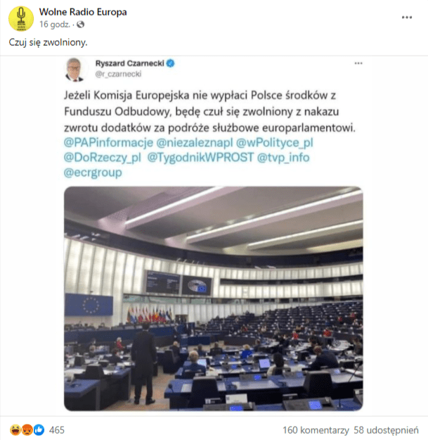 Zrzut ekranu posta na Facebooku z tweetem europosła Ryszarda Czarneckiego ze zdjęciem, które przedstawia salę posiedzeń w Parlamencie Europejskim.