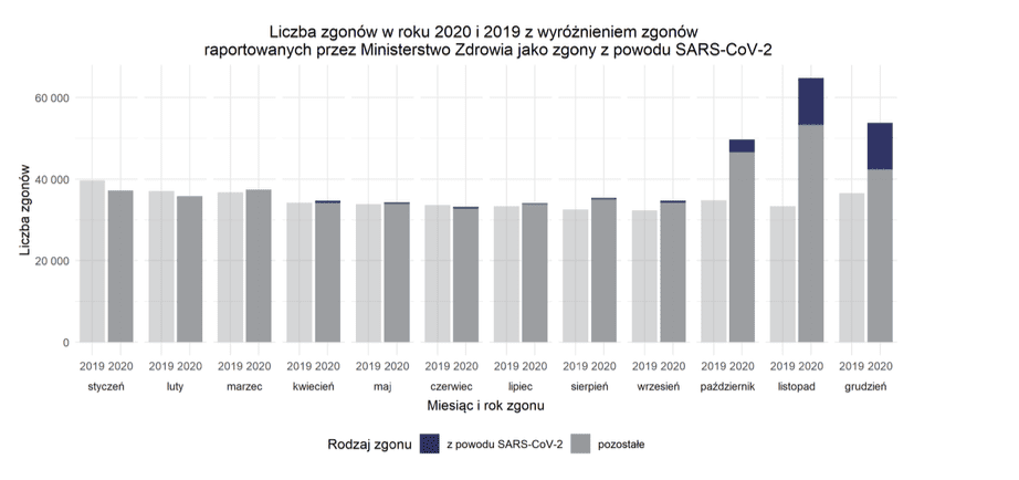 Wykres przedstawiający liczbę zgonów w 2020 i 2019 roku z wyróżnieniem zgonów spowodowanych przez SARS-CoV-2. Największa liczba ofiar śmiertelnych COVID-19 została odnotowana w październiku, listopadzie i grudniu 
