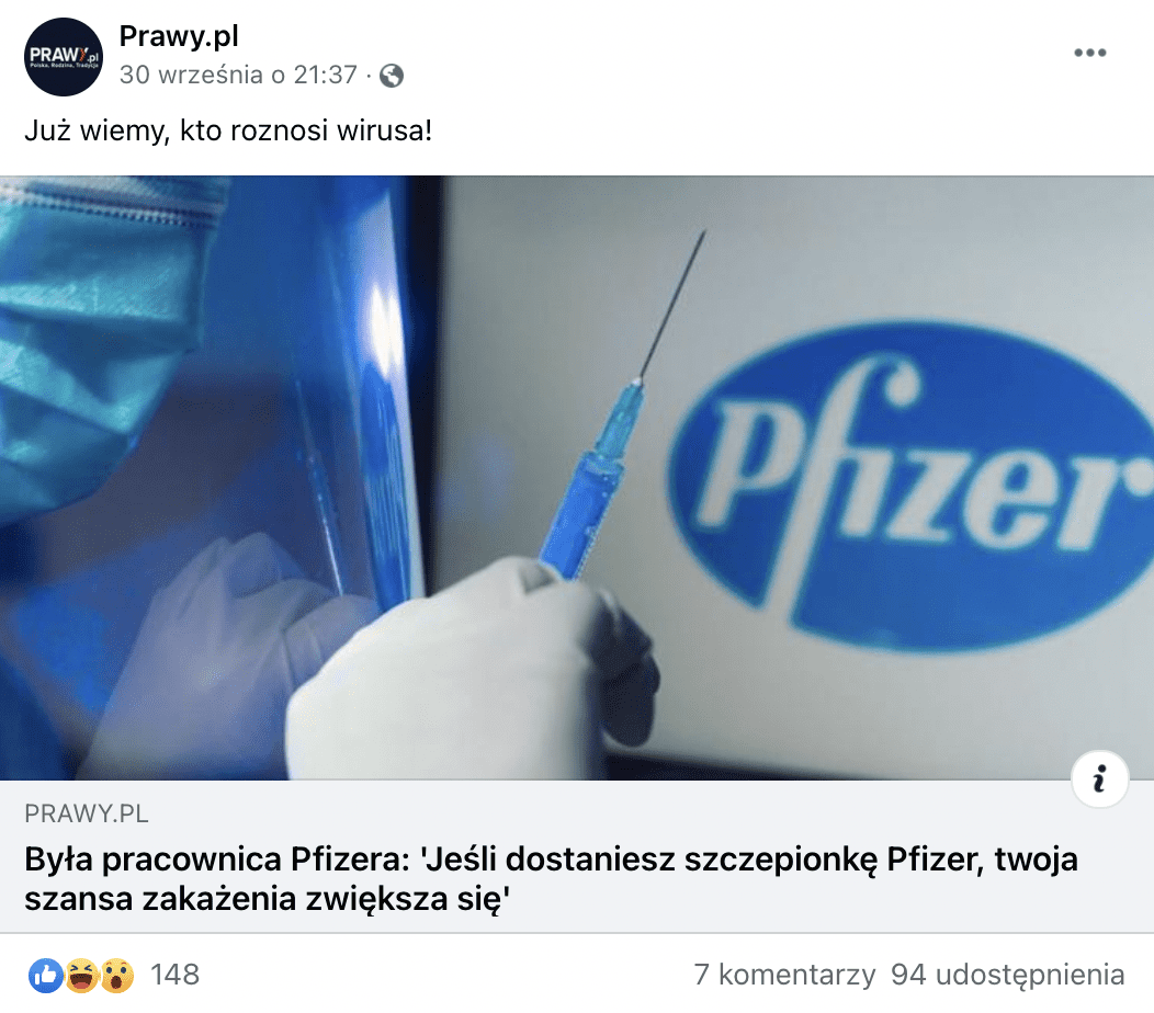 Zrzut ekranu z Facebooka. W poście, do którego dołączono artykuł z serwisu Prawy.pl czytamy: „Już wiemy, kto roznosi wirusa!”. Na zdjęciu widzimy rękę osoby trzymającej strzykawkę na tle logotypu Pfizera. 