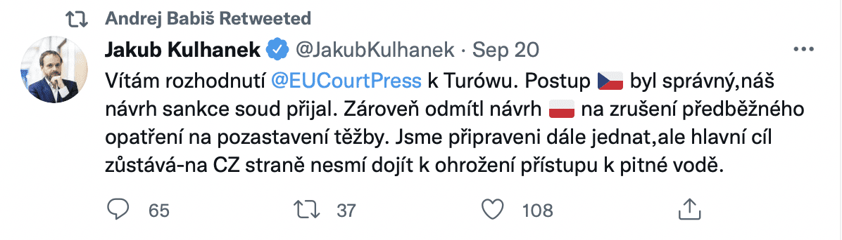 Tweet czeskiego ministra spraw zagranicznych Jakuba Kulhanka na temat polsko-czeskiego sporu o kopalnię Turów.