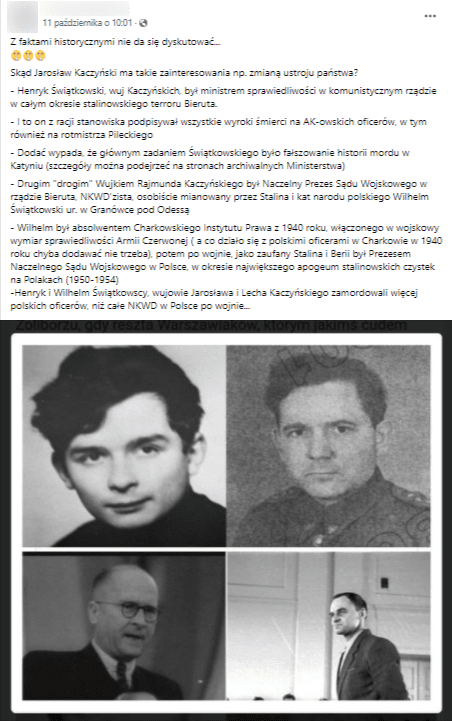 Zrzut ekranu posta na Facebooku. Post przedstawia kolaż czterech czarnobiałych zdjęć Jarosława Kaczyńskiego, Henryka Świątkowskiego, Wilhelma Świątkowskiego i Witolda Pileckiego.