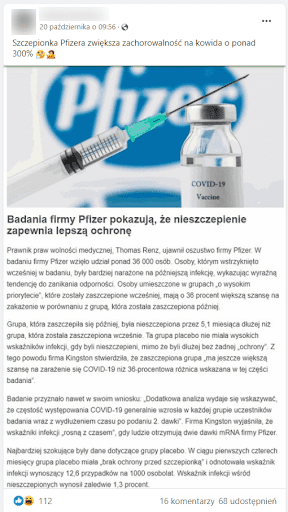 Zrzut ekranu omawianego posta na Facebooku. Jest on zilustrowany zdjęciem strzykawki opartej o fiolkę ze szczepionką przeciwko COVID-19. W tle widać logo firmy Pfizer.