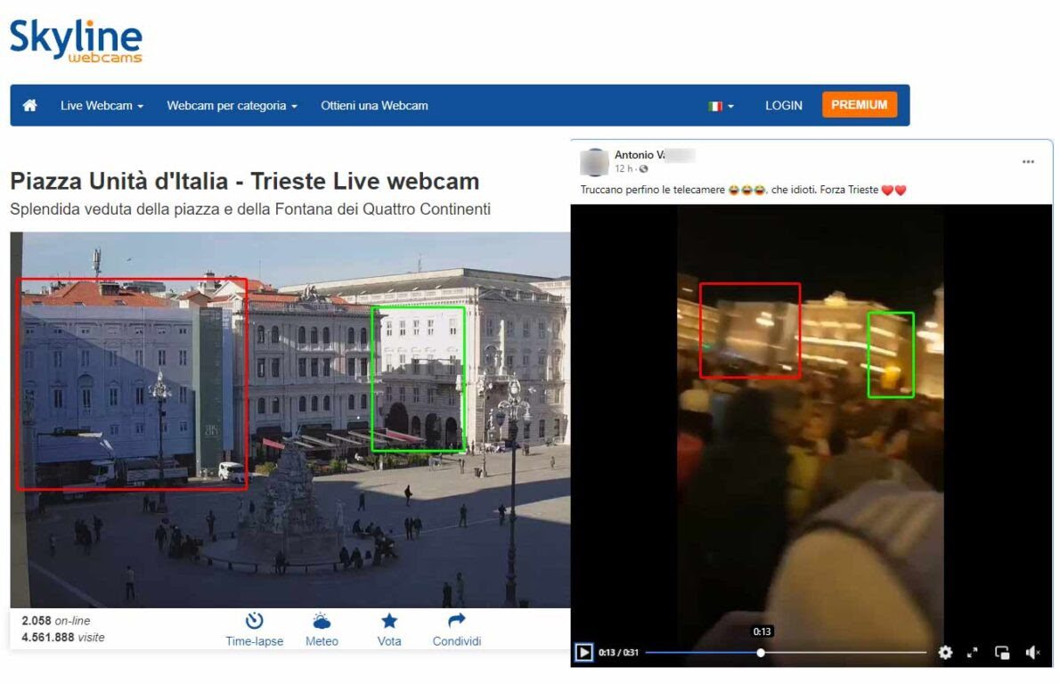 Kadr z kamery Skyline Webcams w porównaniu z kadrem z filmu udostępnionego na Facebooku. Widać na nim, że uczestnik protestu nagrywał z drugiej strony placu, które było poza zasięgiem kamery ustawionej na stałe.