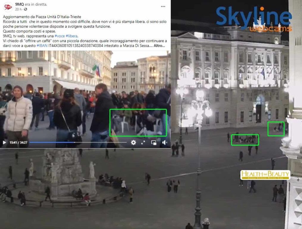 Kadr z kamery Skyline Webcams, na którym zaznaczono grupę protestujących siedzących na białych krzesłach. Obok kadr z nagrania udostępnionego w sieci, na którym również widać tych protestujących pod innym kątem.