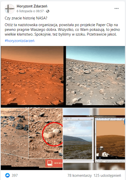 Zrzut ekranu omawianego posta na Facebooku. Jest on zilustrowany kilkoma zdjęciami. Zobaczyć na nich możemy m.in. skupisko kamieni, z których jeden podobny jest do gryzonia oraz dwa zdjęcia, które wyglądają tak, jakby były zrobione na powierzchni powierzchni Marsa, w charakterystycznych, pomarańczowo-czerwonych barwach porównane z identycznymi zdjęciami, na których np. niebo jest błękitne.