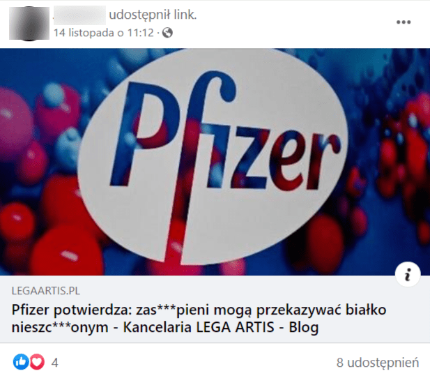 Zrzut ekranu wpisu na Facebooku, w którym dołączono link do tekstu Lega Artis. Ten został opatrzony grafiką z wielkim logiem koncernu Pfizer.