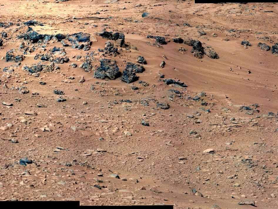 Zdjęcie powierzchni Marsa. Na pomarańczowym podłożu leżą pojedyncze czarne kamienie.