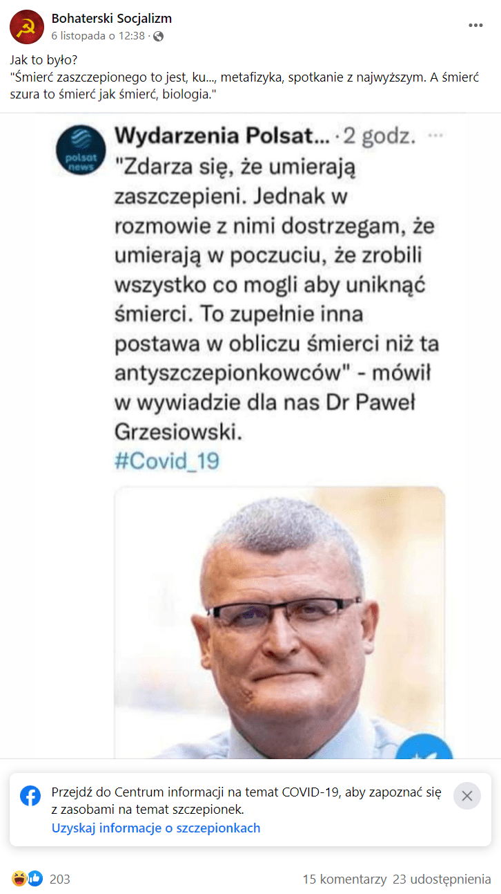 Zrzut ekranu posta na Facebooku, przedstawiającego tweeta z rzekomym cytatem dr. Pawła Grzesiowskiego i jego zdjęciem. Na zdjęciu Paweł Grzesiowski, ubrany w jasnoniebieską koszulę i okulary, uśmiech się do obiektywu.