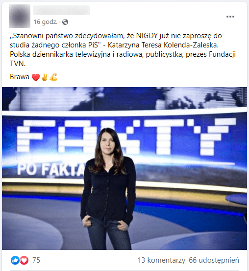Zrzut ekranu posta na Facebooku. Zobrazowane jest ono zdjęciem dziennikarki w studiu „Faktów TVN”. Stoi na tle ekranu z logiem programu utrzymanego w błękitnych barwach.
