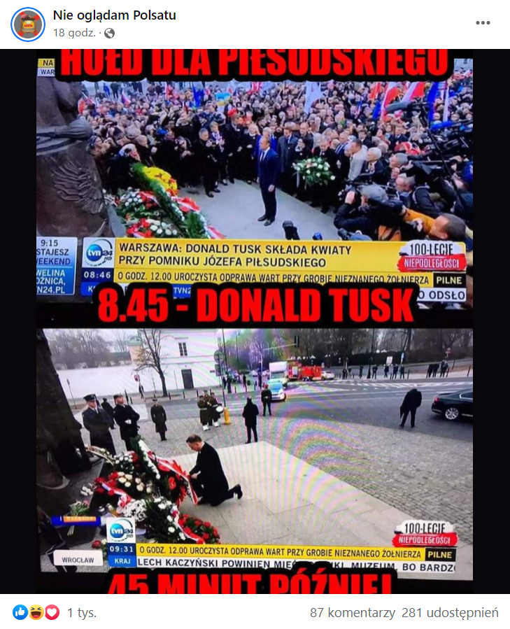 Zrzut ekranu wpisu na Facebooku, w którym dołączono zestawienie dwóch zdjęć z momentu złożenia kwiatów przez Andrzeja Dudę i Donalda Tuska pod pomnikiem Józefa Piłsudskiego.