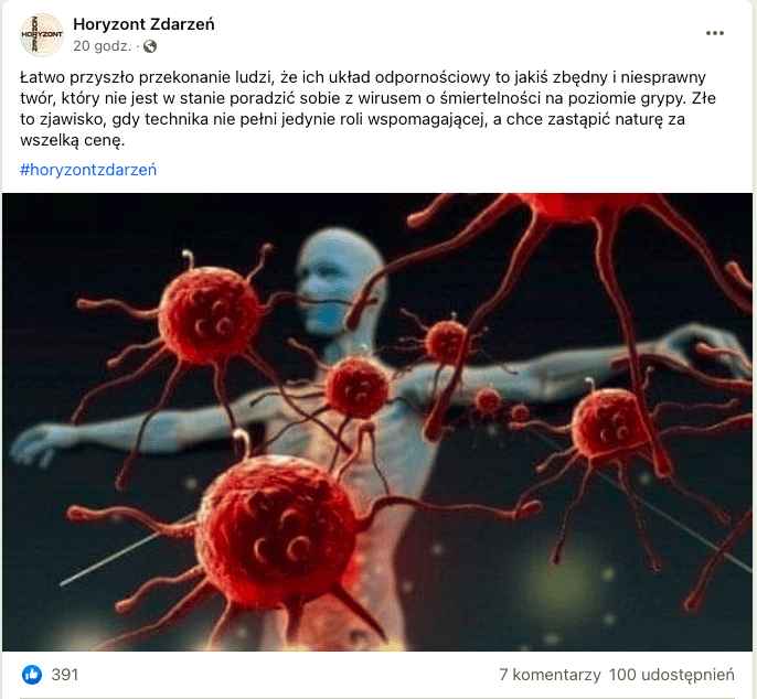 Wpis na profilu sugerujący, że śmiertelność z powodu COVID-19 jest podobna do śmiertelności z powodu grypy. Wpisowi towarzyszy grafika przedstawiająca wizualizację wirusów na tle niebieskiej postaci człowieka z rozłożonymi ramionami