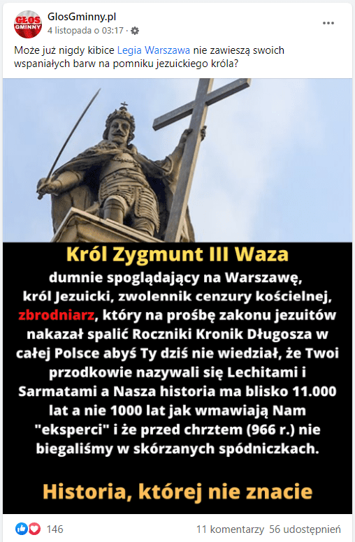 Zrzut ekranu omawianego posta. W załączonej grafice widzimy zdjęcie warszawskiej kolumny Zygmunta III Wazy. Zareagowano na niego 146 razy, a udostępniono 56.