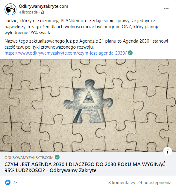 Zrzut ekranu posta na Facebooku z profilu Odkrywamy Zakryte. Post zawiera link do artykułu oraz grafikę przedstawiającą beżowe, jednolite puzzle. Centralny puzzel jest szary i przedstawia oko umieszczone w trójkącie nad piramidą.