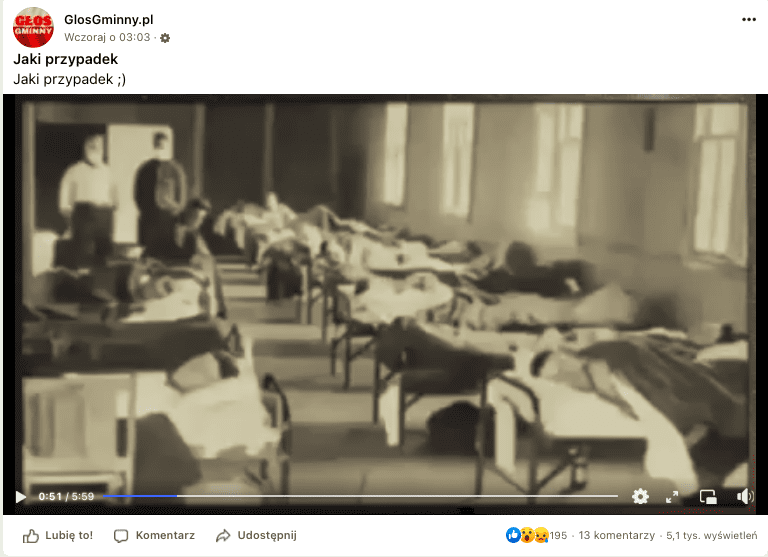 Zrzut ekranu wpisu na Facebooku, w którym dołączono wideo dotyczące pandemii grypy hiszpanki. W zatrzymanym kadrze widzimy czarno-białe zdjęcie z okresu pandemii przedstawiające pomieszczenie pełne łóżek szpitalnych, na których leżą pacjenci.