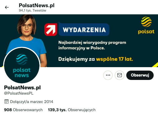 Zrzut ekranu przedstawiający oficjalny profil Polsat News na Twitterze