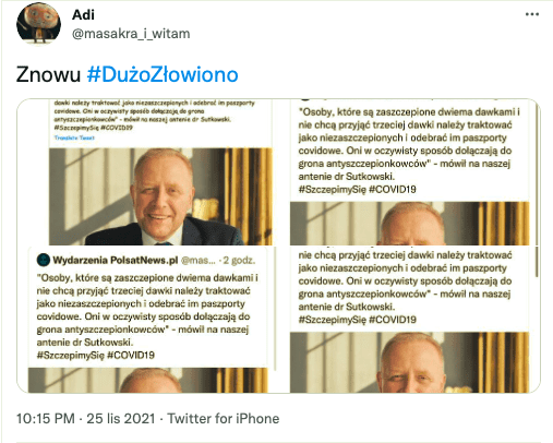 Wpis na Twitterze z konta podszywającego się wcześniej pod profil Polsat News, chwalący się przykładami osób, które udało się nabrać
