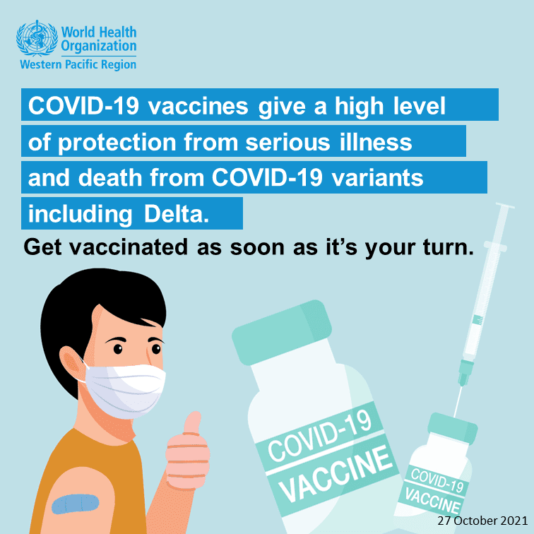 Grafika informacyjna WHO, w której podano, że szczepionki przeciw COVID-19 zapewniają wysoki poziom ochrony przed ciężką chorobą i śmiercią przeciwko wariantom SARS-CoV-2, w tym Delta.