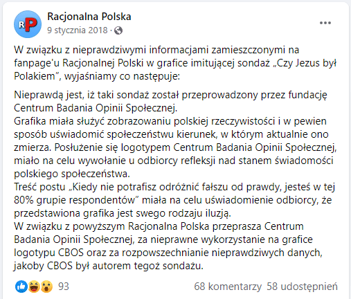 Zrzut ekranu posta z wyjaśnieniami i przeprosinami administratorów profilu Racjonalna Polska.