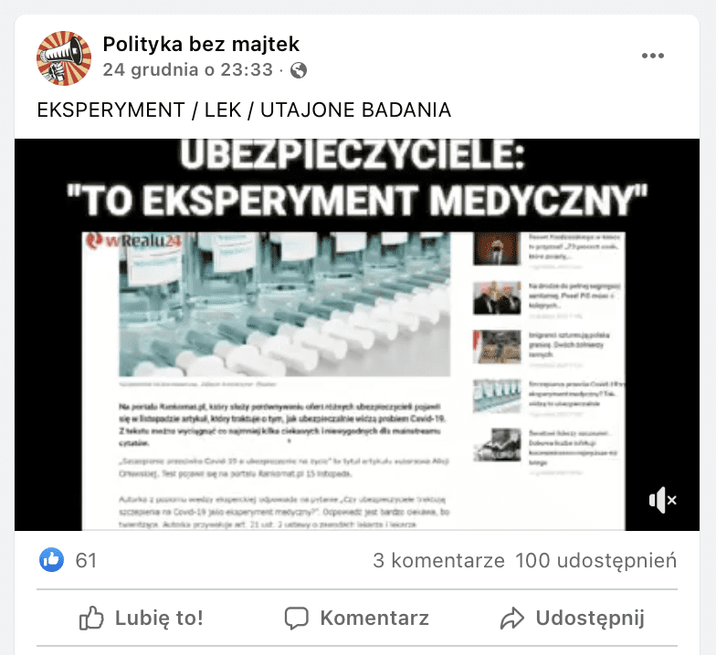 Zrzut ekranu z Facebooka. Na grafice widzimy m.in. napis: Ubezpieczyciele: “To eksperyment medyczny”.