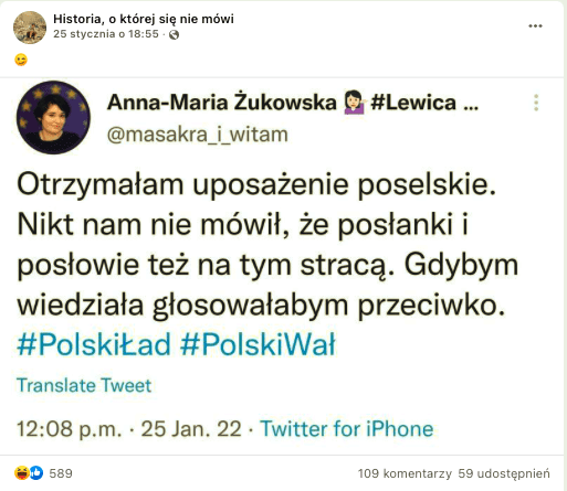 Wpis na Facebooku zawierający fałszywy cytat Anny Marii-Żukowskiej