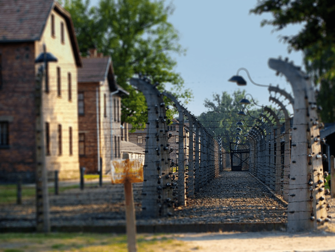 Zdjęcie z obozu Auschwitz-Birkenau. Znajduje się na nim kawałek ogrodzenia z drutem kolczastym, w tle stoi kilka budynków z czerwonej cegły.