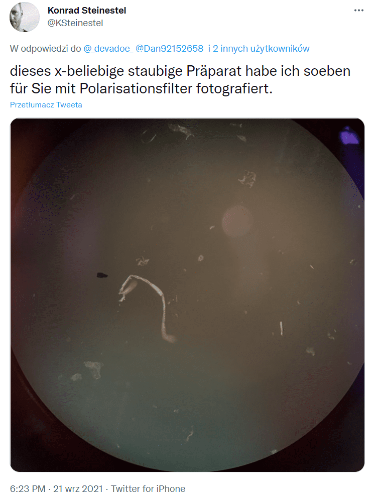 Wpis Konrada Steinestela na Twitterze, do którego dołączono zdjęcie zabrudzonej cieszy przy przybliżeniu mikroskopem.
