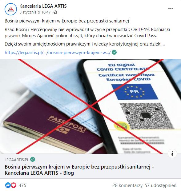 Zrzut ekranu posta na Facebooku, opublikowany przez profil Kancelaria LEGA ARTIS. Post przedstawia grafikę z paszportem, maseczką i certyfikatem covidowym, które są przekreślone czerwonym znakiem X.