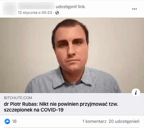 Wpis na Facebooku zawierający link do nagrania Piotra Rubasa