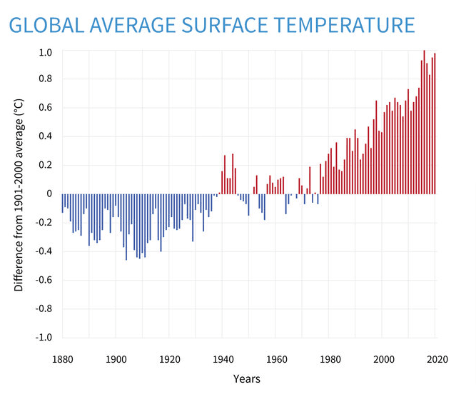 Wykres przedstawiający wzrost temperatury na powierzchni Ziemi na przestrzeni XX wieku.