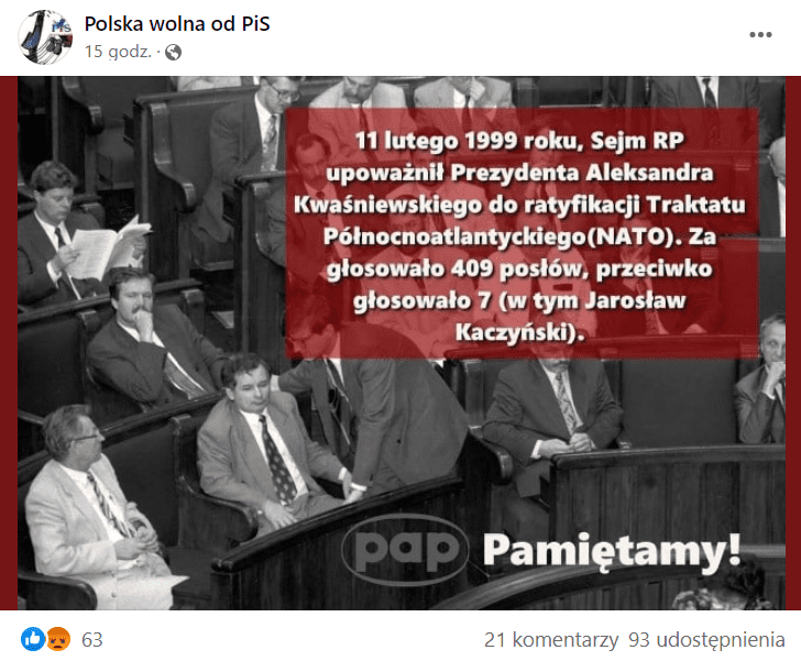 Zrzut ekranu wpisu na profilu Polska wolna od PiS, w którym przedstawiono grafikę informującą, że Jarosław Kaczyński głosował przeciw wstąpieniu Polski do NATO.