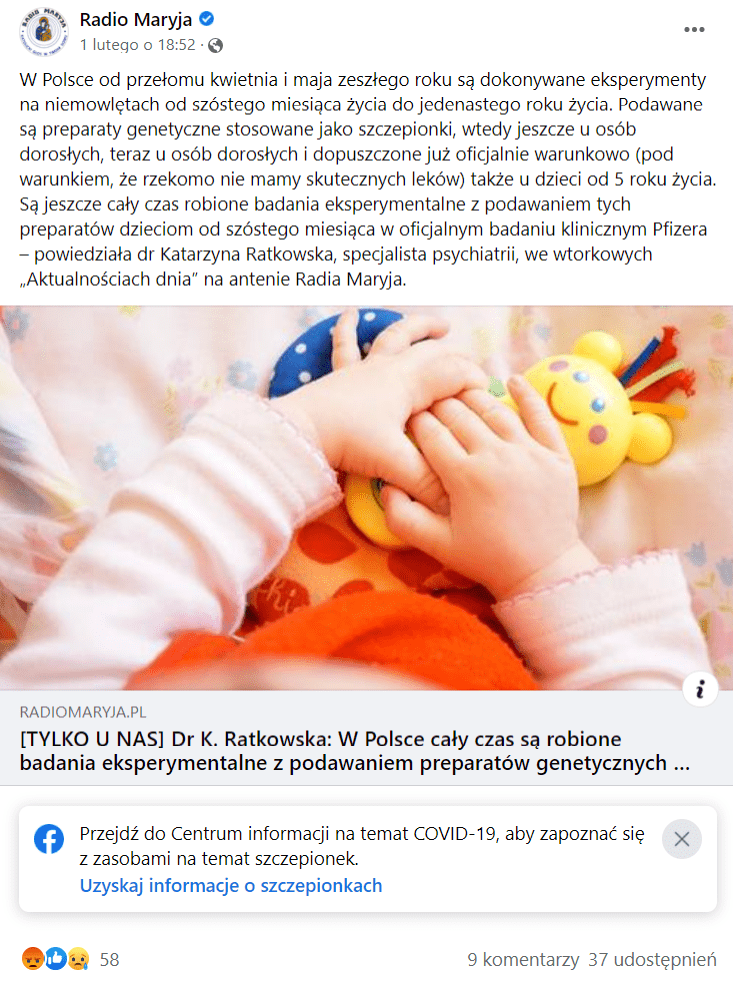 Zrzut ekranu wpisu Radia Maryja na Facebooku, w którym przekazano informacje o tym jakoby badania kliniczne na dzieciach były czymś niebezpieczne. Wpis odsyła do artykułu, w którym znajdują się wypowiedzi psychiatry Katarzyny Ratkowskiej.