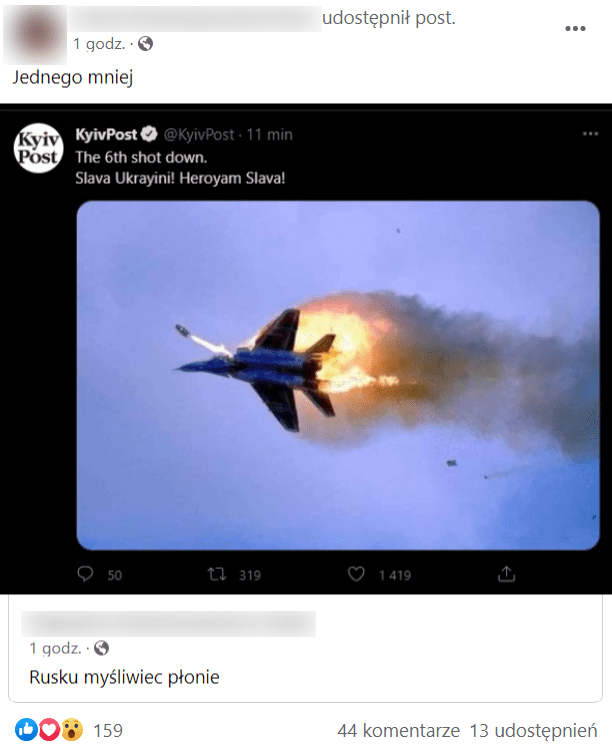 Zrzut ekranu wpisu na Facebooku, w którym przekonywano, że zdjęcie płonącego myśliwca przedstawia zestrzelenie szóstego rosyjskiego samolotu w czasie konfliktu na Ukrainie.