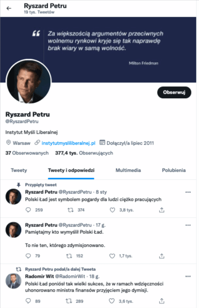 Zrzut ekranu przedstawiający tablice na Twitterze na profilu Ryszarda Petru