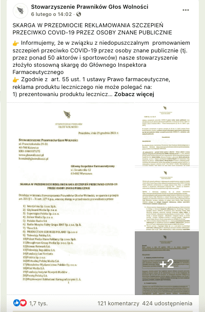 Zrzut ekranu przedstawiający post wraz ze skanem skargi przesłanej do Głównego Inspektoratu Farmaceutycznego