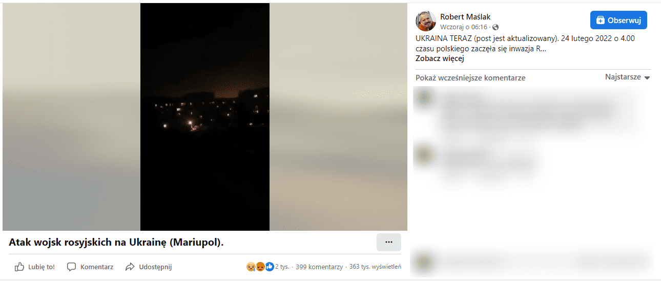 Zrzut ekranu omawianego posta. W kadrze widzimy miasto nocą: bloki, w których pali się światło oraz jasną poświatę na horyzoncie.