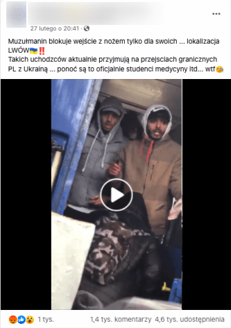 Screenshot of an anti-refugee Facebook post claiming that a Muslim was preventing "real" refugees from Ukraine from getting on the train to flee Ukraine. Based on this, it was suggested that only people from the Middle East (migrants) escaped to Poland, and not war-struck Ukrainians.