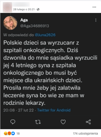 Wpis na Facebooku zawierający zrzut ekranu z Tweeta zawierającego informację o polskich dzieciach rzekomo wyrzucanych z oddziałów onkologicznych