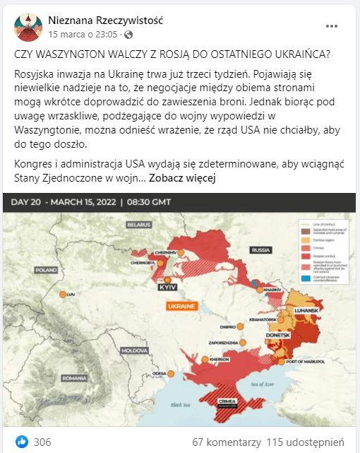 Zrzut kranu posta na Facebooku. Zilustrowano go mapą Ukrainy, która przedstawia ziemie, na których trwają operacje wojskowe.