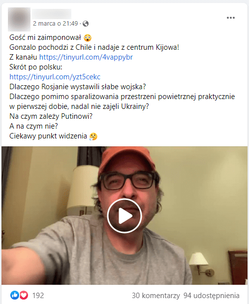 Zrzut ekranu omawianego posta udostępniającego film z wystąpieniem „Gonzalo”. W kadrze widzimy mężczyznę w czerwonej czapce, okularach i szarej koszulce. Udostępniono go prawie 100 razy.