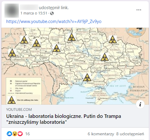 Zrzut ekranu posta na Facebooku, w którym udostępniono omawiany film. Zobrazowano go mapą Ukrainy, na której zaznaczono rzekome lokalizacje tajnych laboratoriów wojskowych.