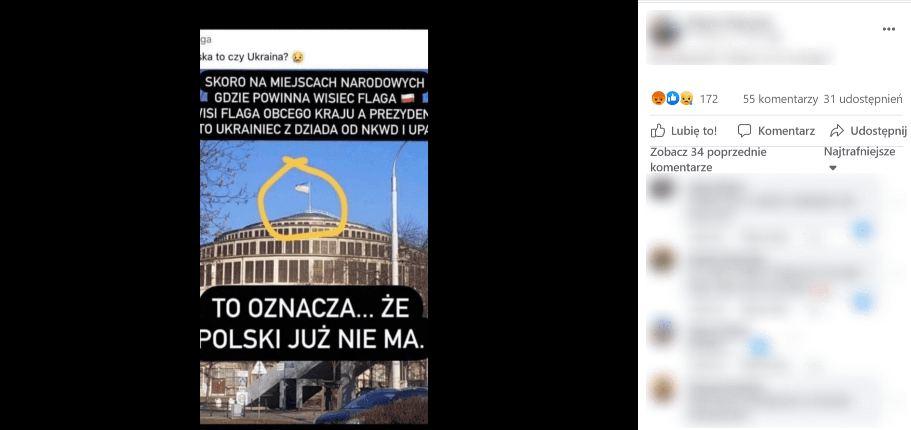Zrzut ekranu przedstawiający post na Facebooku. Na zdjęciu widoczna jest Hala Stulecia we Wrocławiu, a napis umieszczony w poście brzmi: „skoro na miejscach narodowych gdzie powinna wisiec polska flaga wisi flaga obcego kraju a prezydent to Ukrainiec z dziada od NKWD i UPA to oznacza… że Polski już nie ma”.