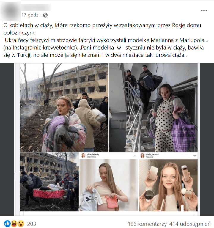 Zrzut ekranu wpisu na Facebooku, w którym przedstawiono kilka zdjęć, które miały udowodnić, że blogerka modowa została podstawiona, by wykonać kilka zdjęć przedstawiających tragedię. Na wpis zareagowało ponad 200 osób, a ponad 400 udostępniło je dalej.